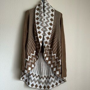 Allison Brittney Knitted Geometric Open Front Long Sleeve Cardigan L Brown